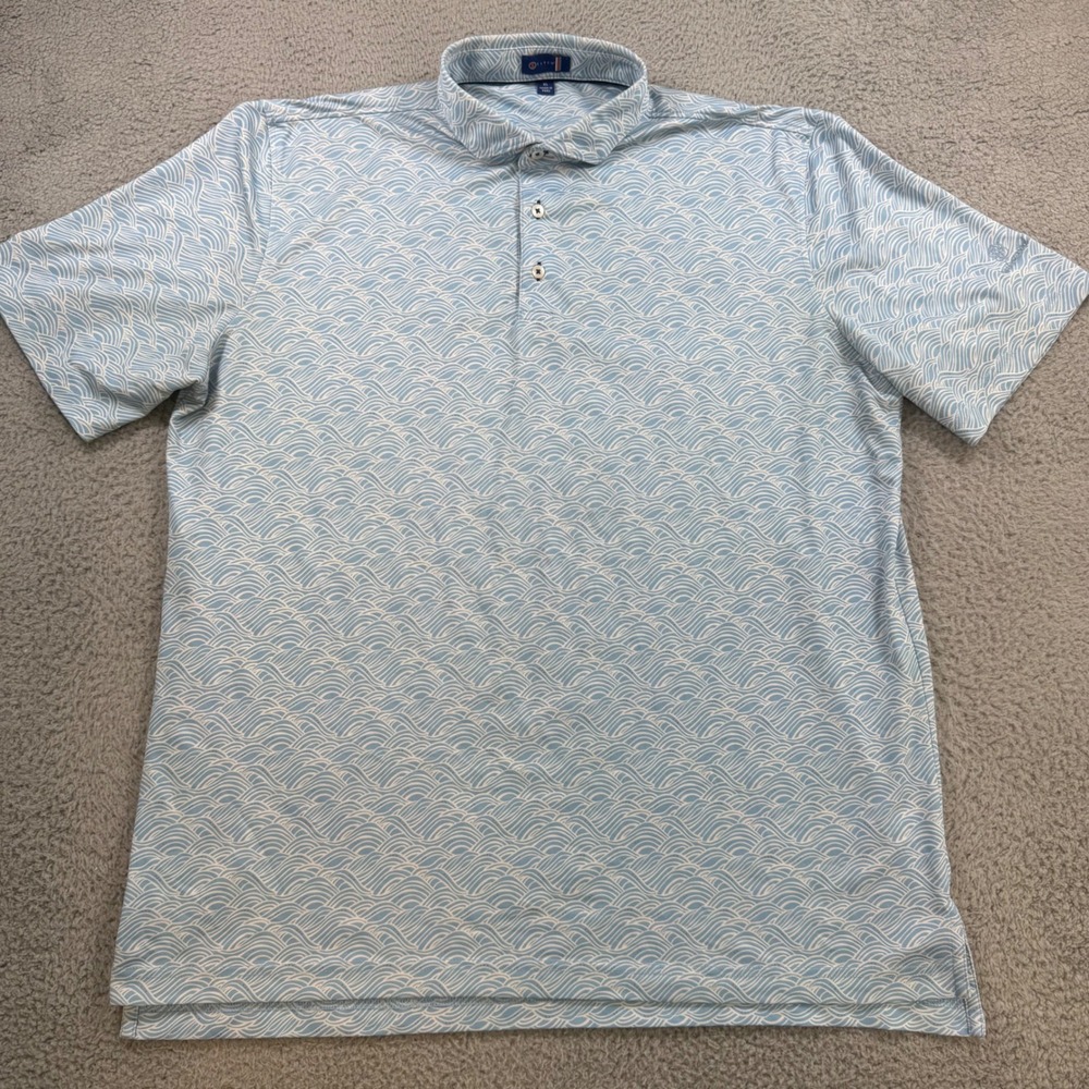 Stitch Golf Mens XL Blue White Wave Print Performance Polo Shirt Short Sleeve